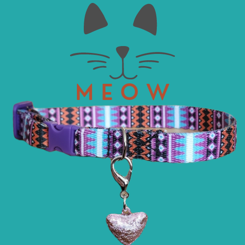 Cat Collar with Heart Shaped Bell- Aztec
